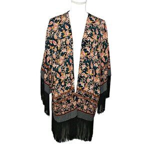 Zara Trafaluc Fringe Kimono Cardigan Jacket Womens M Floral Open Blue Blk Peach